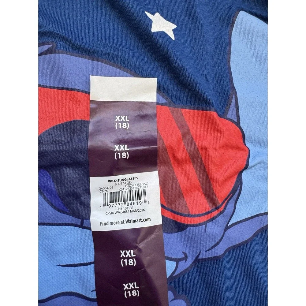 Disney Stitch Wild & Free Unisex Kids XXL 18 Blue Graphic T Shirt NWT